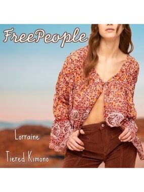 FREE PEOPLE Lorraine RETRO Print Tie-Front Wide Sleeve Flowy Tiered Kimono-Md